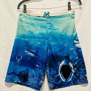 Wonder Nation Men's Blue Shark Swim Trunks Board Shorts Size 14 & Up Back Pocket